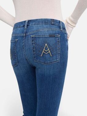 7 For All Mankind Women’s Skinny Jeans - Medium Blue with Gold Stitching